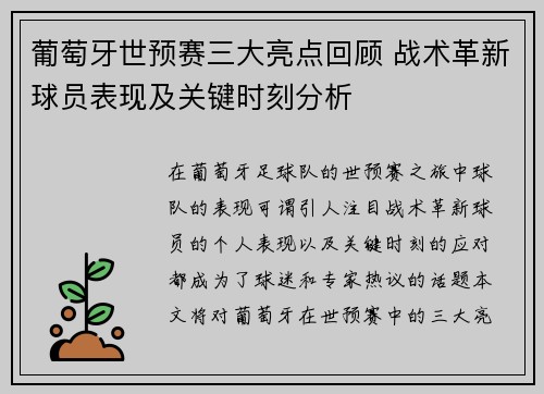 葡萄牙世预赛三大亮点回顾 战术革新球员表现及关键时刻分析 葡萄牙世预赛三大亮点回顾 战术革新球员表现及关键时刻分析