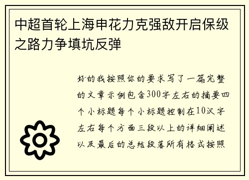 中超首轮上海申花力克强敌开启保级之路力争填坑反弹