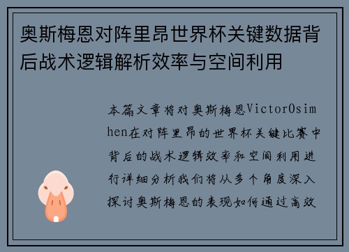 奥斯梅恩对阵里昂世界杯关键数据背后战术逻辑解析效率与空间利用
