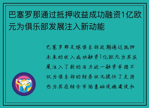 巴塞罗那通过抵押收益成功融资1亿欧元为俱乐部发展注入新动能