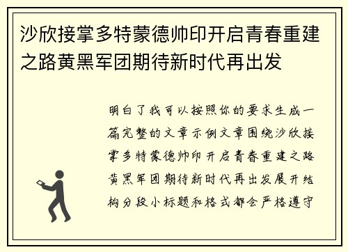 沙欣接掌多特蒙德帅印开启青春重建之路黄黑军团期待新时代再出发 沙欣接掌多特蒙德帅印开启青春重建之路黄黑军团期待新时代再出发